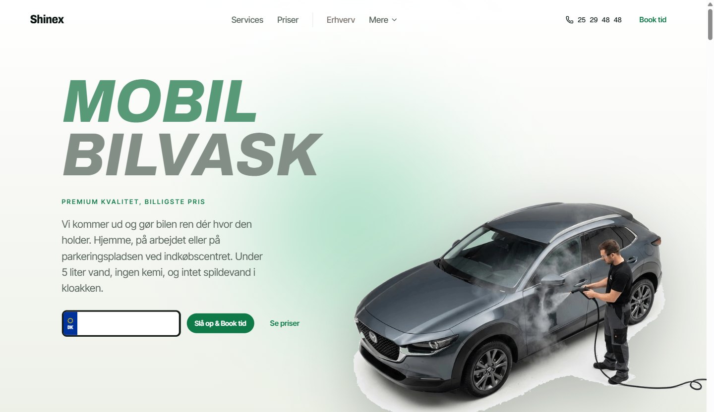 Shinex, forsiden på desktop